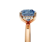 Hidden Halo Engagement Ring Setting for Fancy Blue Cushion Cut Center with Thin Round-Wire Band and Prong Head in Rose Gold