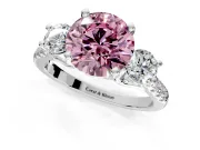 3 Stone Engagement Ring Setting for Fancy Pink Round Cut Center with Crossover Basket, Pave Band and Prong Head in Platinum