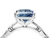 Baguette Engagement Ring Setting for Fancy Blue Princess Cut Center with Alternating Bar-Set Band and Prong Head in Platinum
