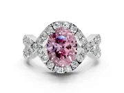 Halo Engagement Ring Setting for Fancy Pink Oval Center with Pave Infinity Twist Band and Prong Head in Platinum