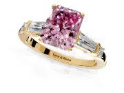 Bar-Set Engagement Ring Setting for Fancy Pink Radiant Cut Center with Tapered Baguette Accents and Prong Head in Yellow Gold