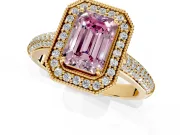 Milgrain Halo Engagement Ring Setting for Fancy Pink Emerald Cut Center with Three-Sided Pave Band and Prong Head in Yellow Gold