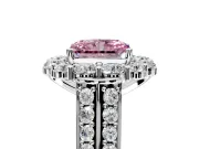 Large Accent Halo Engagement Ring Setting for Fancy Pink Radiant Cut Center with Pave Split Shank and Prong Head in Platinum