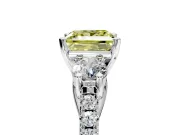 3 Stone Engagement Ring Setting for Fancy Yellow Princess Cut Center with Crossover Basket, Pave Band and Prong Head in White Gold