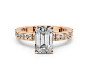 Solitaire Engagement Ring Setting for Emerald Cut Center with Milgrain-Edged Pave Band and Prong Head in Rose Gold