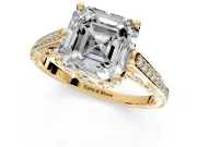 Cathedral Engagement Ring Setting for Asscher Cut Center with Antique-Style Pave Band and Prong Head in Yellow Gold