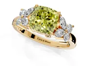 Floral Engagement Ring Setting for Fancy Yellow Cushion Cut Center with Marquise Cluster Shoulders and Prong Head in Yellow Gold
