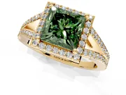 Halo Engagement Ring Setting for Fancy Green Princess Cut Center with Pave Split Shank and Prong Head in Yellow Gold
