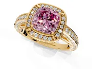 Halo Engagement Ring Setting for Fancy Pink Cushion Cut Center with Framed Halo, Pave Band and Prong Head in Yellow Gold