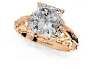 Solitaire Engagement Ring Setting for Radiant Cut Center with Filigree Accent Basket and Prong Head in Rose Gold