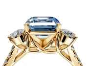 3 Stone Engagement Ring Setting for Fancy Blue Asscher Cut Center with Crossover Basket, Pave Band and Prong Head in Yellow Gold