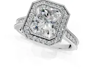 Halo Engagement Ring Setting for Radiant Cut Center with Milgrain Pave Band and Bezel Head in White Gold