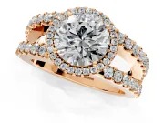 Halo Engagement Ring Setting for Round Cut Center with Wide-Open Pave Split Shank and Prong Head in Rose Gold