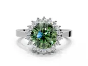 Starburst Halo Engagement Ring Setting for Fancy Green Round Cut Center with Flat Cathedral Band and Prong Head in White Gold