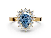 Starburst Halo Engagement Ring Setting for Fancy Blue Pear-Shaped Center with Flat Cathedral Band and Prong Head in Yellow Gold