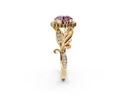 Halo Engagement Ring Setting for Fancy Pink Round Cut Center with Leaf Motif Split Shank and Prong Head in Yellow Gold