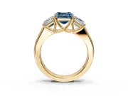 3 Stone Engagement Ring Setting for Fancy Blue Asscher Cut Center with Raised Basket Heads and Prong Head in Yellow Gold