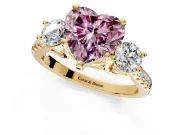 3 Stone Engagement Ring Setting for Fancy Pink Heart-Shaped Center with Crossover Basket, Pave Band and Prong Head in Yellow Gold