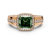 Halo Engagement Ring Setting for Fancy Green Asscher Cut Center with Wide Band, Inlaid Accent Row and Prong Head in Rose Gold