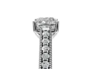 Solitaire Engagement Ring Setting for Cushion Cut Center with Engraved Pave Band and Prong Head in White Gold