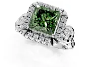 Halo Engagement Ring Setting for Fancy Green Princess Cut Center with Open Scroll Shoulders and Prong Head in Sterling Silver