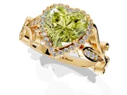 Halo Engagement Ring Setting for Fancy Yellow Heart-Shaped Center with Leaf Motif Split Shank and Prong Head in Yellow Gold