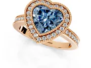Halo Engagement Ring Setting for Fancy Blue Heart-Shaped Center with Milgrain Halo, Pave Band and Prong Head in Rose Gold