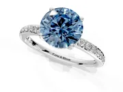 Solitaire Engagement Ring Setting for Fancy Blue Round Cut Center with Fine Pave Band and Prong Head in Sterling Silver