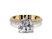 Solitaire Engagement Ring Setting for Heart-Shaped Center with Domed Multi-Row Pave Band and Prong Head in Yellow Gold
