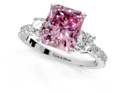 3 Stone Engagement Ring Setting for Fancy Pink Radiant Cut Center with Round Cut Side Accents and Prong Head in Platinum