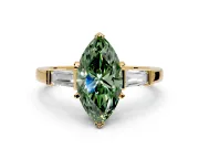 3 Stone Engagement Ring Setting for Fancy Green Marquise Center with Channel Baguette Accents and Prong Head in Yellow Gold