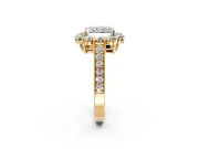 Halo Engagement Ring Setting for Radiant Cut Center with Milgrain Channel Band and Prong Head in Yellow Gold
