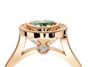 Halo Engagement Ring Setting for Fancy Green Oval Center with Milgrain Frame, Pave Band and Prong Head in Rose Gold