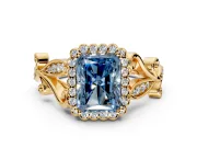 Halo Engagement Ring Setting for Fancy Blue Radiant Cut Center with Leaf Motif Split Shank and Prong Head in Yellow Gold