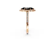 Halo Engagement Ring Setting for Fancy Black Marquise Center with Narrowing Pave Band and Prong Head in Rose Gold