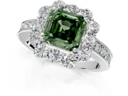 Halo Engagement Ring Setting for Fancy Green Asscher Cut Center with Milgrain Channel Band and Prong Head in Sterling Silver