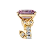 Leaf Motif Engagement Ring Setting for Fancy Pink Emerald Cut Center with Pave Band and Prong Head in Yellow Gold