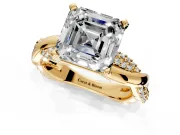 Solitaire Engagement Ring Setting for Asscher Cut Center with Pave and Plain Crossover and Basket Head in Yellow Gold