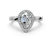 Halo Engagement Ring Setting for Pear-Shaped Center with Pave and Plain Twist Band and Prong Head in Platinum