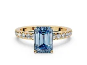 Solitaire Engagement Ring Setting for Fancy Blue Emerald Cut Center with Round Cut Pave Band and Prong Head in Yellow Gold