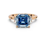 3 Stone Engagement Ring Setting for Fancy Blue Asscher Cut Center with Wide Plain Band and Prong Head in Rose Gold
