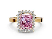 Starburst Halo Engagement Ring Setting for Fancy Pink Radiant Cut Center with Flat Cathedral Band and Prong Head in Yellow Gold