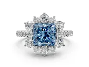 Floral Halo Engagement Ring Setting for Fancy Blue Princess Cut Center with Pave Accents and Prong Head in White Gold