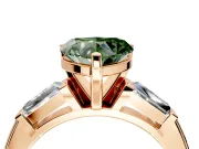 3 Stone Engagement Ring Setting for Fancy Green Heart-Shaped Center with Tapered Baguettes, Plain Band and Prong Head in Rose Gold