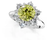 Small-Accent Cluster Halo Engagement Ring Setting for Fancy Yellow Round Cut Center with Plain Band and Prong Head in Sterling Silver