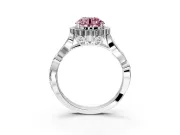 Halo Engagement Ring Setting for Fancy Pink Round Cut Center with Leaf Motif Split Shank and Prong Head in Sterling Silver