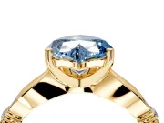 Solitaire Engagement Ring Setting for Fancy Blue Heart-Shaped Center with Carved Leaf Shoulders and Prong Head in Yellow Gold