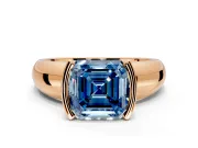 Tension Engagement Ring Setting for Fancy Blue Asscher Cut Center with Wide Flat Band and Tension Head in Rose Gold