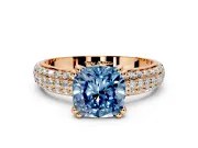 Solitaire Engagement Ring Setting for Fancy Blue Cushion Cut Center with Multi-Row Pave Accents and Basket Head in Rose Gold