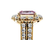 Large Accent Halo Engagement Ring Setting for Fancy Pink Emerald Cut Center with Pave Split Shank and Prong Head in Yellow Gold